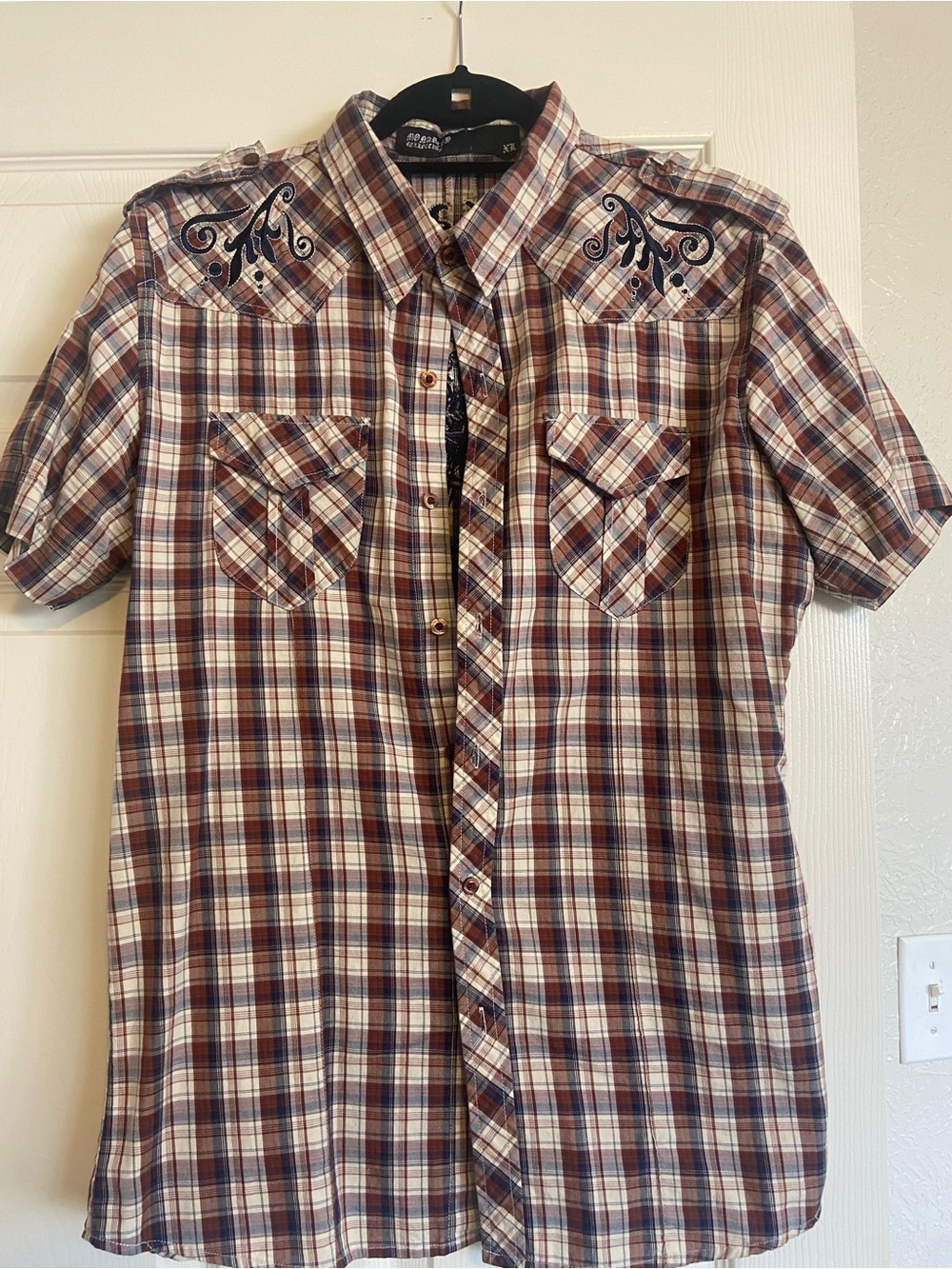 Vintage Y2K Men's Monarchy Short-Sleeve Plaid Embroidered- Brown/Blue